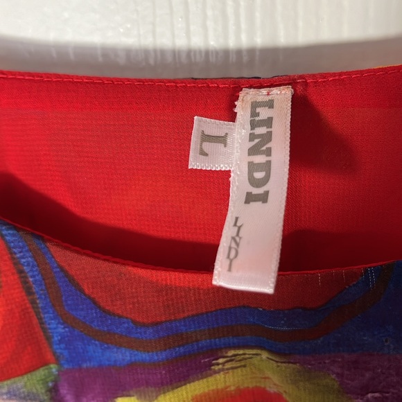 Lindi women’s pull over multicolor top double layer print boat neck semi sheer L - Picture 3 of 13